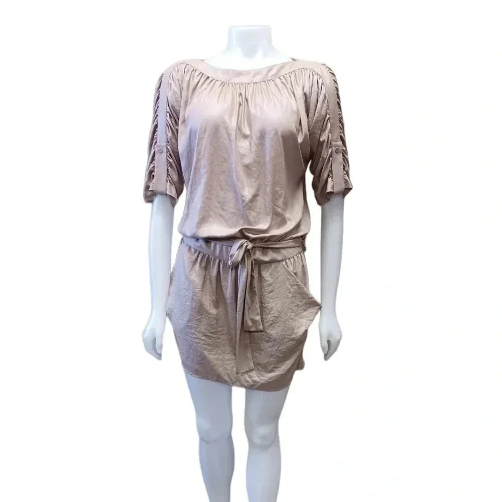 BCBGMaxAzria  Margie Khaki Rouched Mini Tie Dress Size XS
